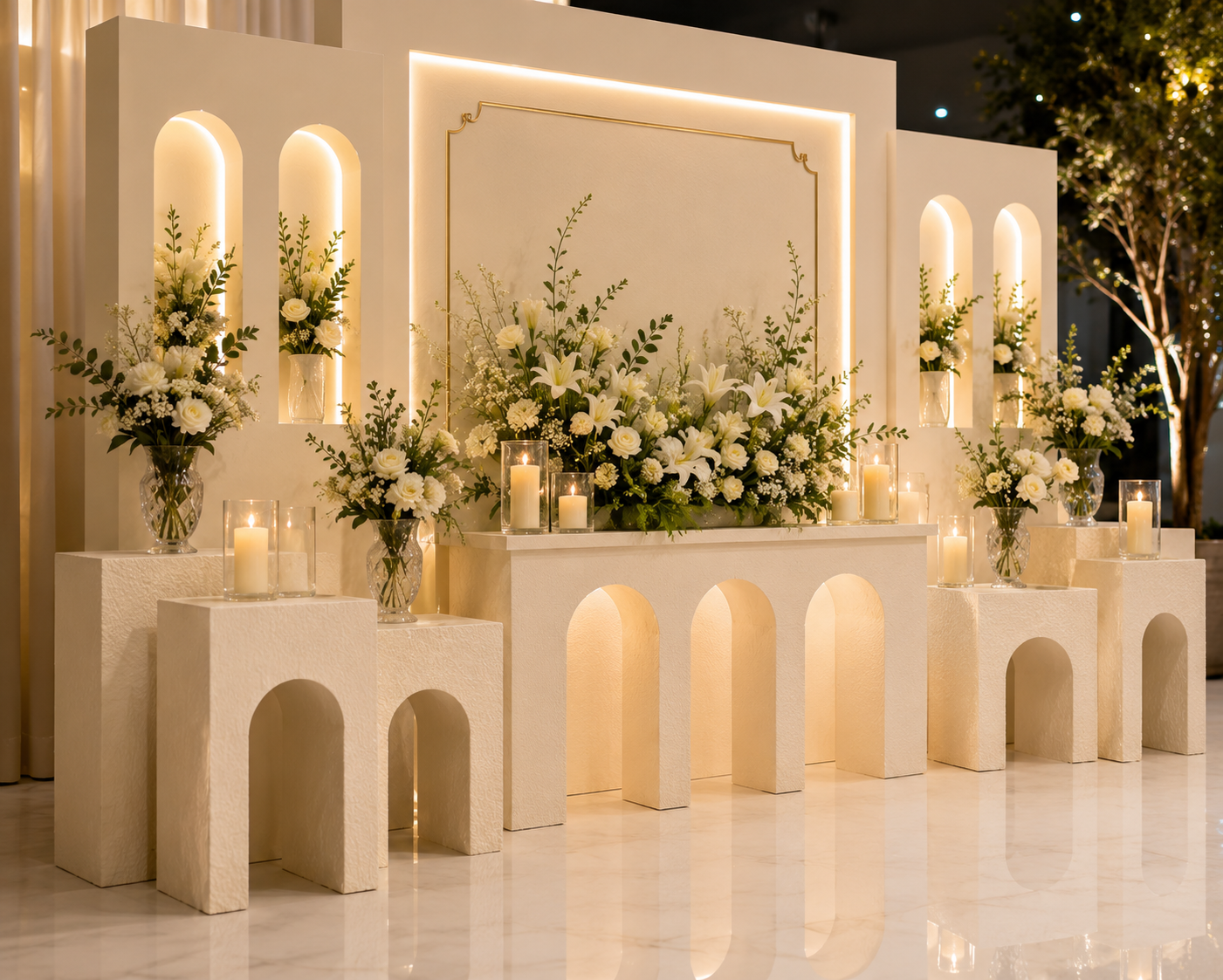 WoodCraft Decor cream arch sofa with candles